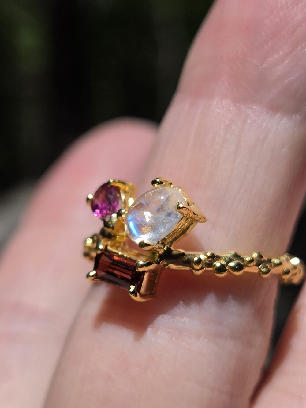 Moonstone Garnet & Rhodolite Sterling & Gold Ring Sz6.5 - Picture 4 of 8